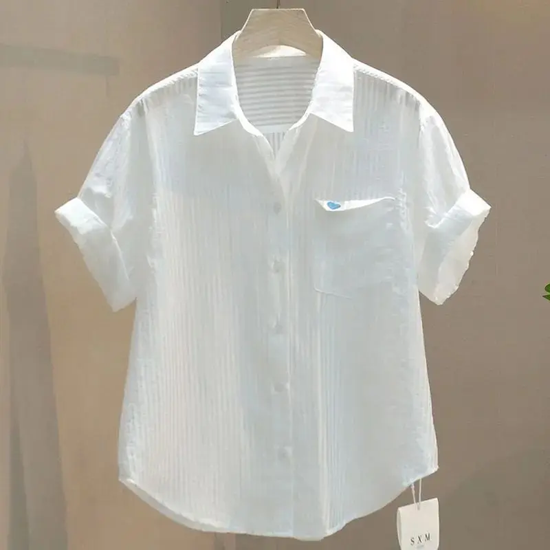 

Summer Korean-style Embroidered Love Heart Single Pocket Vertical Stripe Thin Short-sleeved Shirt Casual Women Top