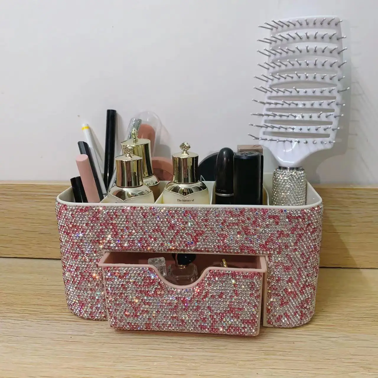 Sparkling Rhinestone Crystal Desktop Storage Box Cosmetics Make Up Office Organizer Pen Holder TV Remote Storage Multi-function