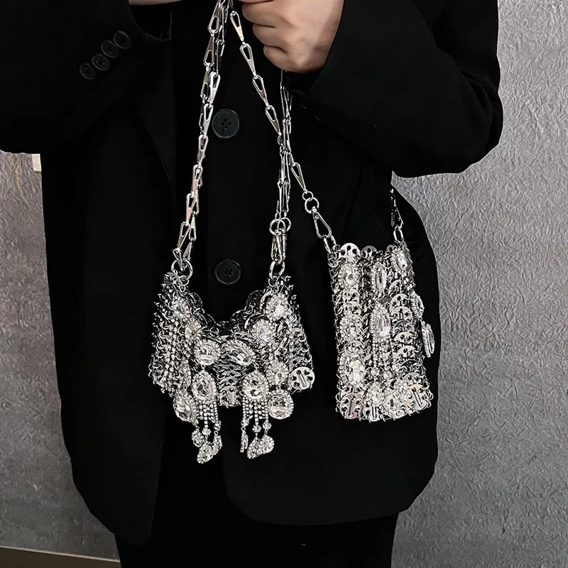 Imagem -02 - Tobo Brilhante Lantejoulas Diamante Designer Carteira Metal Prata Gem Beads Designer Bolsa Peixe Escala Dumplings Underarm Handbag Casamento