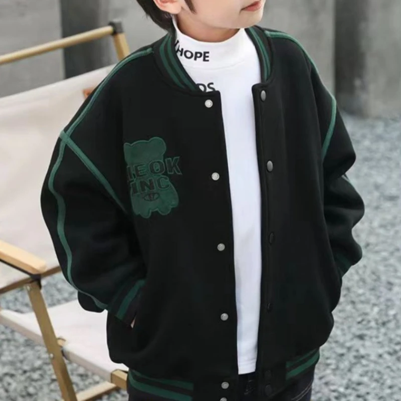 Boys' Fleece Lined Hooded Baseball Jacket 2025 Spring Fall Korean Style Hot Sale Youth Fashion Warm Coat for Boys