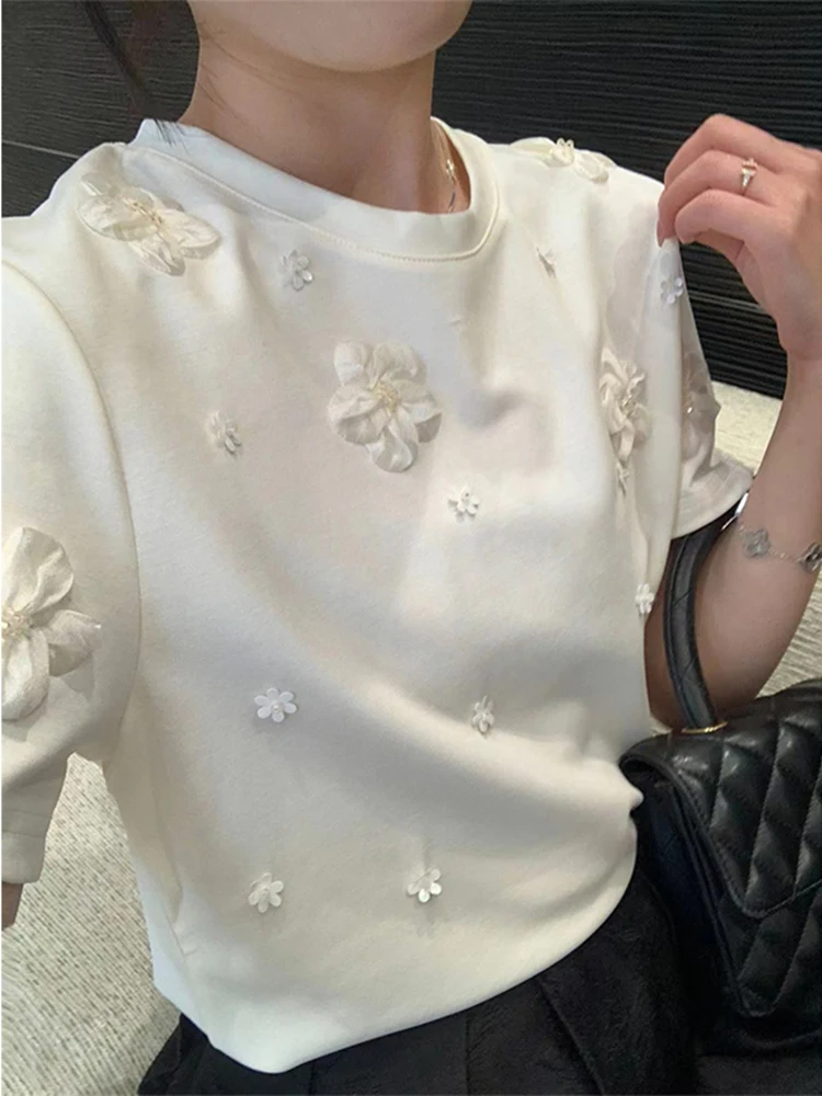 Fashion Sweet 3D Camellia Embroidery Diamond T-shirts 2024 Summer New Tops Women Y2k Short Sleeve Loose Tee Shirt