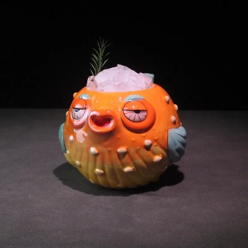 Funny Ceramic Tiki Cup Cute Pufferfish Cup 600ml Ventilation Hole Tropical Hawaiian Cocktail Glass Bar Party Pipe Cup Decor Mug