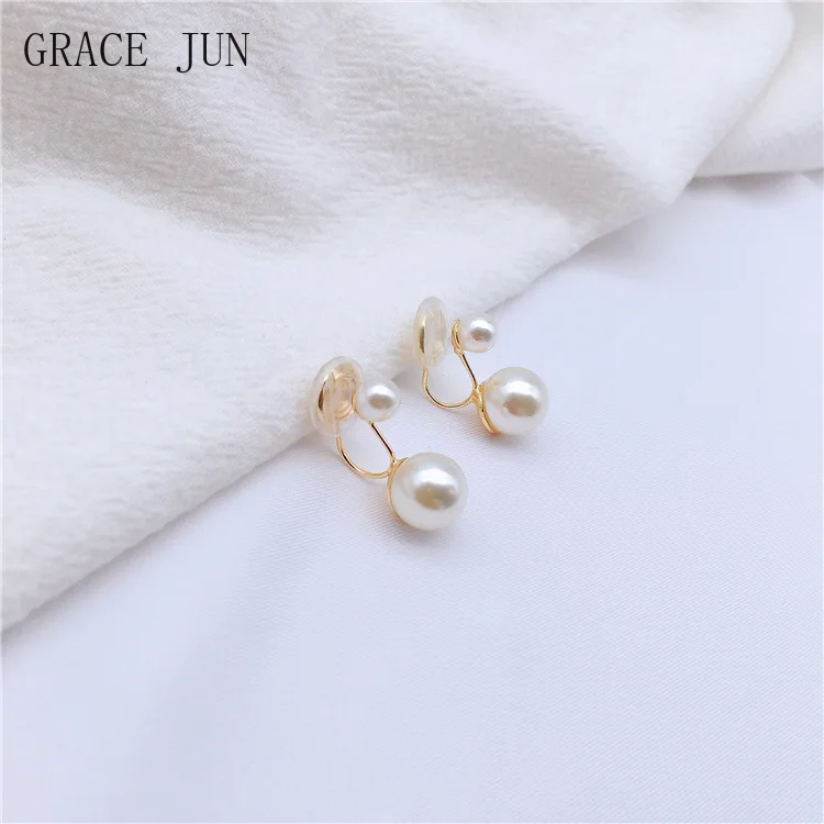 GRACE New Arrival Double Pearl Clip on Earrings No Pierced Fashion Gold Color Mosquito Coil Invisible Cuff Earrings Ear Clip