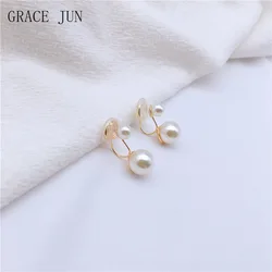 GRACE New Arrival Double Pearl Clip on Earrings No Pierced Fashion Gold Color Mosquito Coil Invisible Cuff Earrings Ear Clip