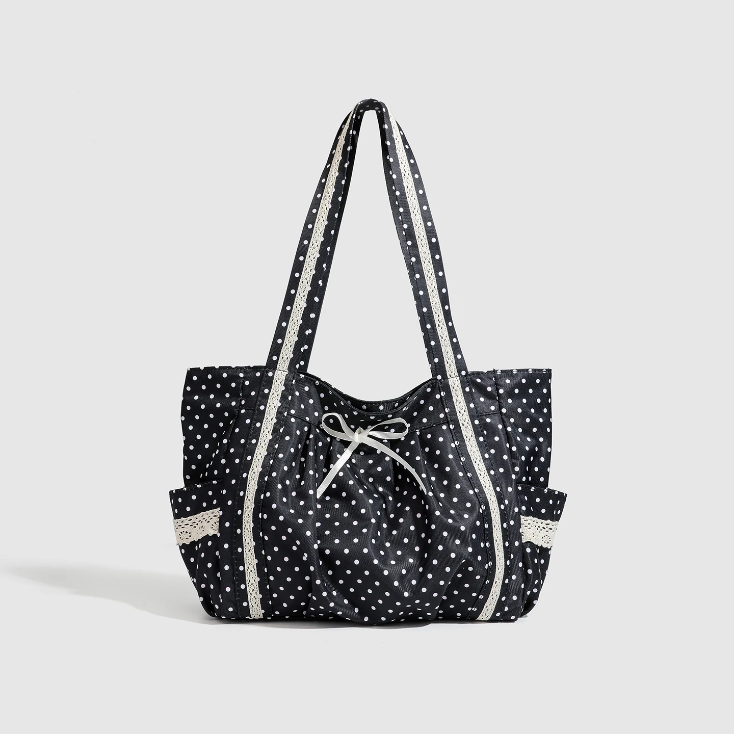

2025 New Korean Sle Lazy Lace Dot Canvas Bag Retro Large Capacity Soft Polyester Soft Handle Medium Hard Handheld Tote Bag
