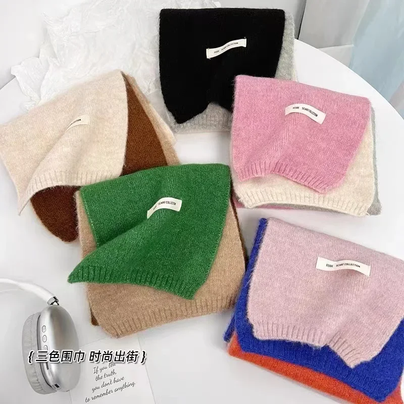 Ins Wind Contrasting Color Scarf Female Neck Protector Korean Version Cute Student Warm Knitted Versatile Scarf Male