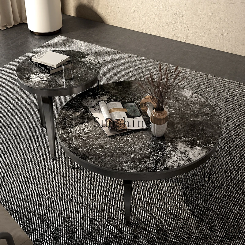 

Light luxury rock slab coffee table Modern living room Creative minimalism High sense Size round coffee table combination