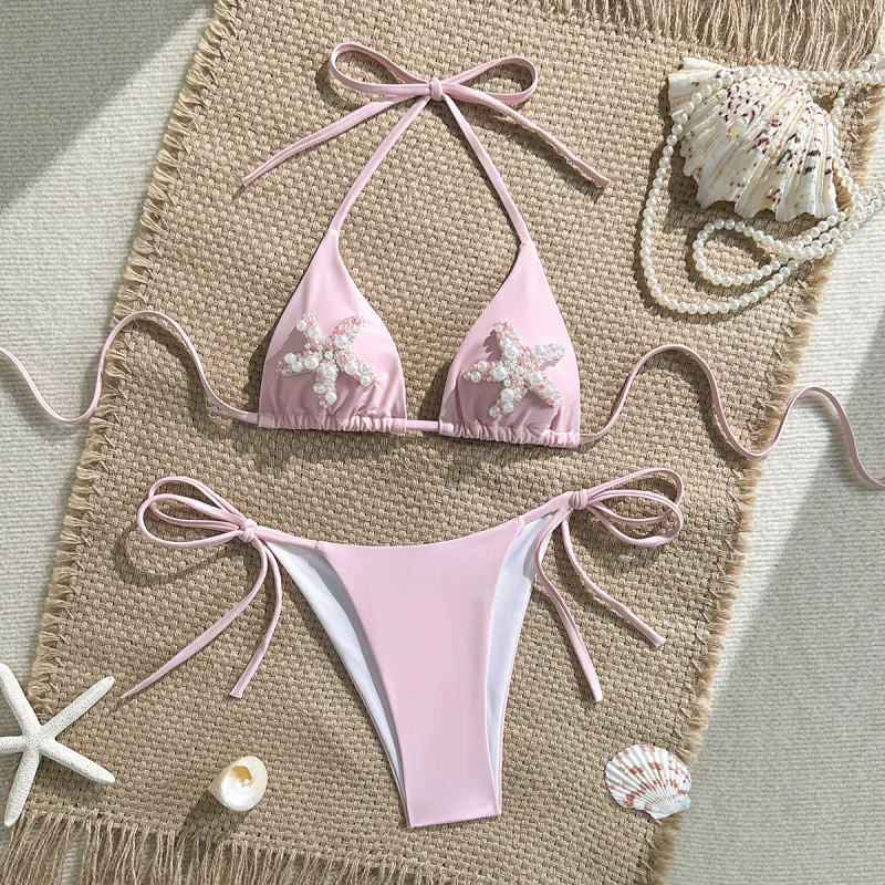 

New women's swimsuit in pink with starfish and pearl decorations, halter neck, tie-up style, two-piece swimsuit for womenbikini