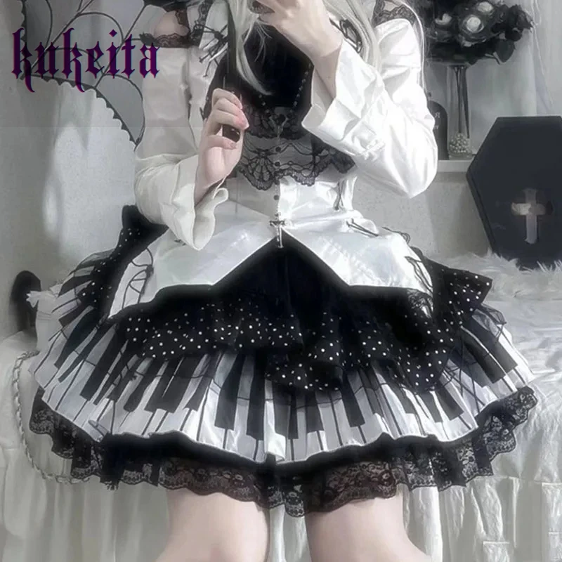 Kukeita Harajuku Y2k Punk Piano Key Wave Dot Lace Skirt Japanese Gothic Lolita Kawaii Cake Skirt Fairy Grunge Y2k Women Skirts