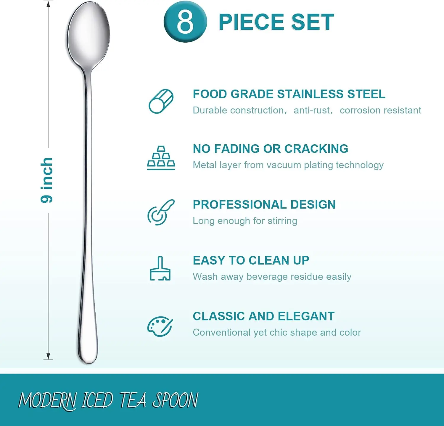 8-Piece 9-Inch Long Handle Iced Tea Spoon, Coffee Spoon, Ice Cream Spoon, Stainless Steel Cocktail Stirring Spoons