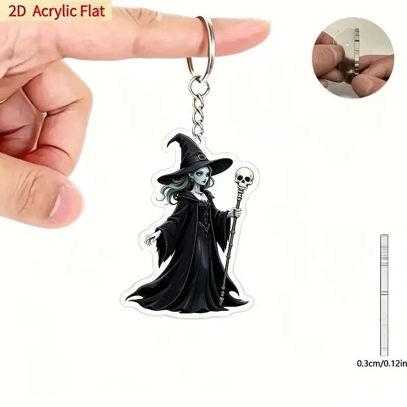 Halloween 2D Flat Acrylic Keychain Gothic Witch With Skull Staff Key Ring Horror Bag Pendant Decor Gift for Halloween Party