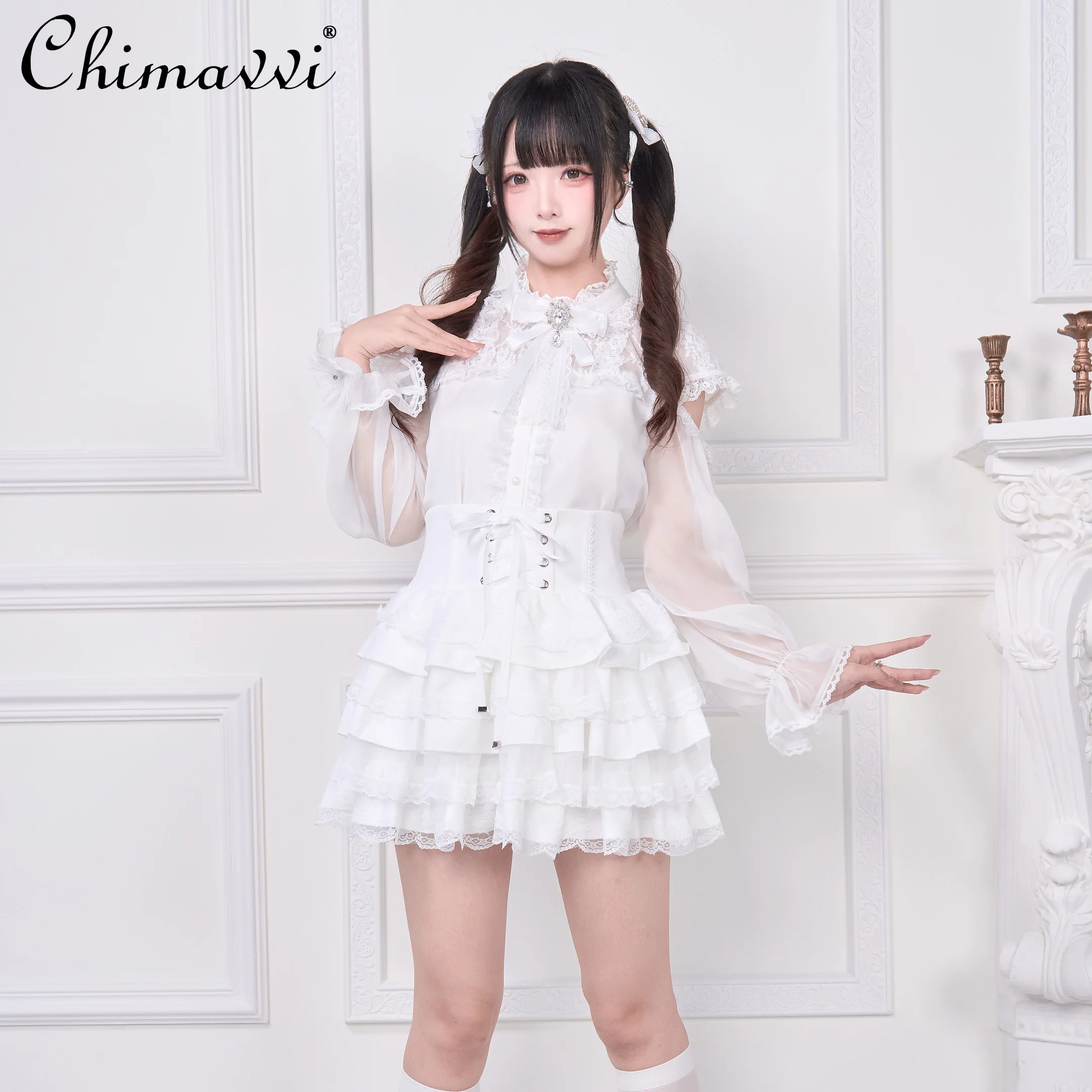 Sweet Girl Chiffon Lace Blouse Original Mass-Produced Japanese Style Semi-Transparent Long Sleeve Gothic Cute Lolita Shirt Top