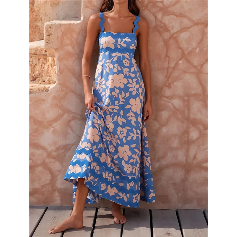 Women's Summer Boho Spaghetti Strap Square Neck Ruffle Casual Flowy Long Dress Beach Swing Party Maxi Dress