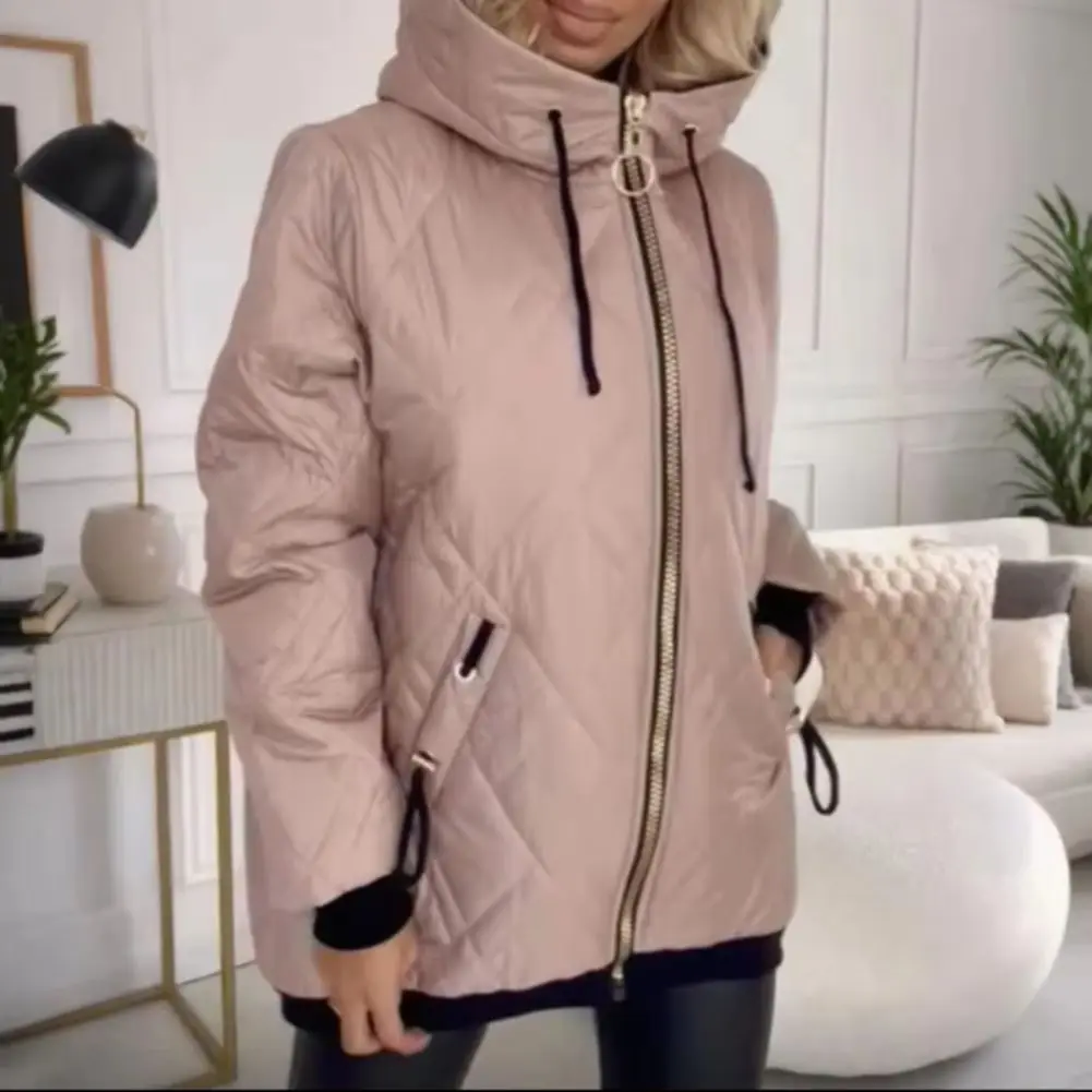 Chaqueta de plumón de estilo básico 2025, Chaqueta de algodón de Color sólido para mujer, abrigo con capucha y cordón, Chaqueta de algodón cálida de manga larga para mujer