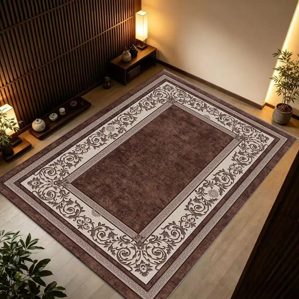 Classic European Retro Carpet with Royal Floral Border, Brown Living Room Rug, Large Non-Slip Carpet for Home Decoration