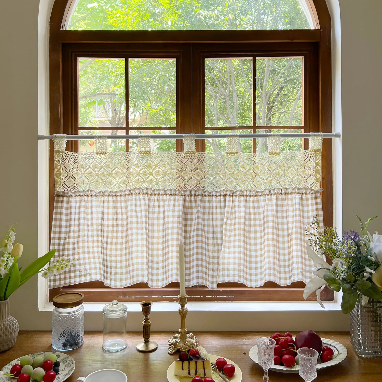 

1PC Retro Crochet Stitching Lattice Hollow Short Curtain for Kitchen Small Window Home Decoration Cafe Tab Top Blinds