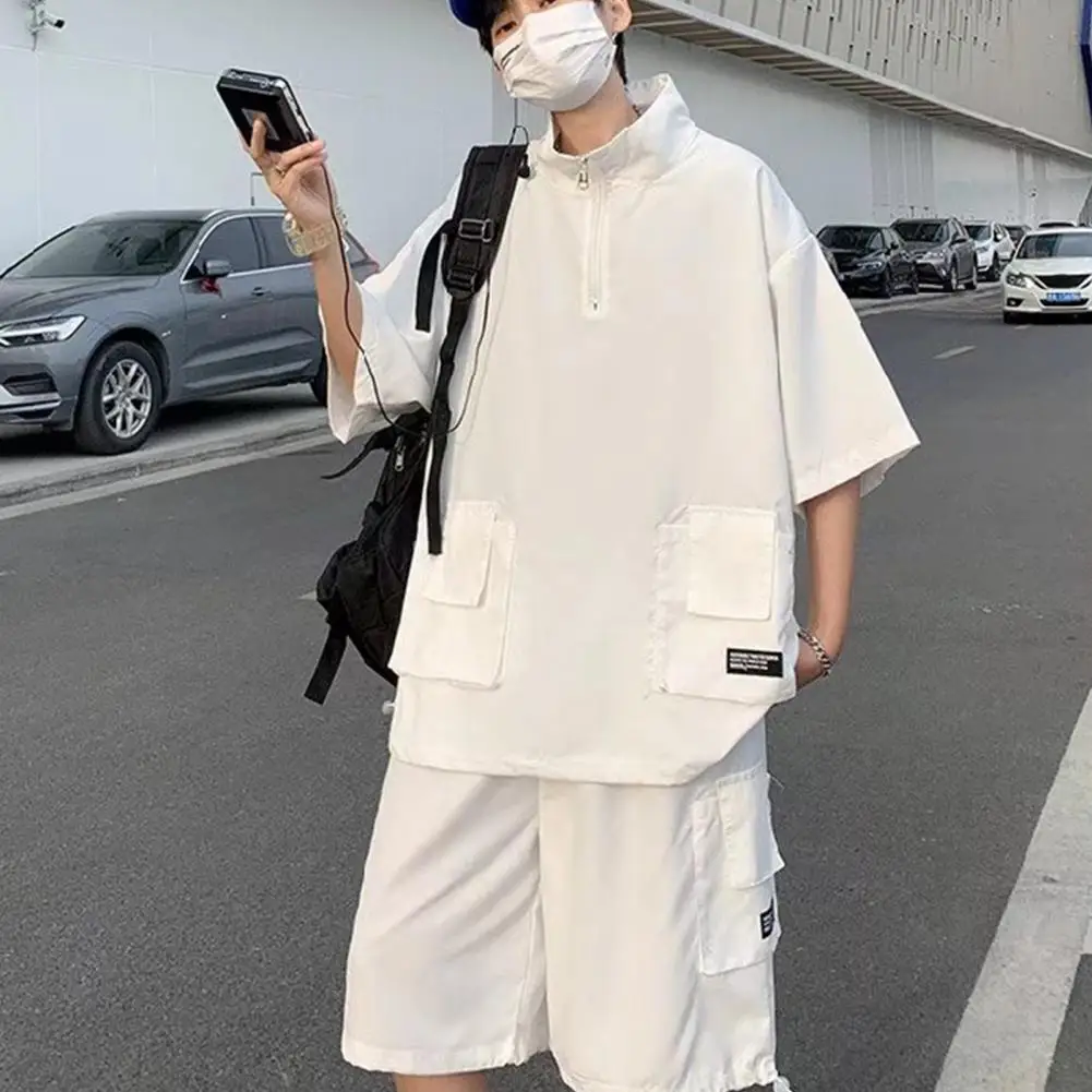 

Cargo Pants Short Suit Male Summer Solid Color Loose Tshirts And Shorts 2 Piece Set Korean Style Outdoor Casual Tracksuit Men