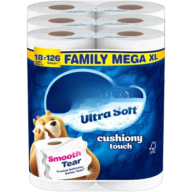 Toilet Paper Ultra Soft Cushiony Touch, 18 Family Mega XL Rolls = 126 Regular Rolls