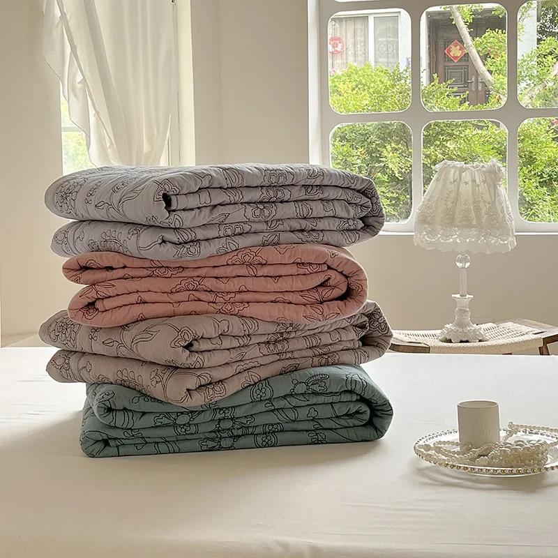 3-Piece 100% Cotton Quilt Set, Rustic Solid Color Embroidered Lightweight Summer Bedspread, Non-Slip Quilted Sheet Home Decor 3