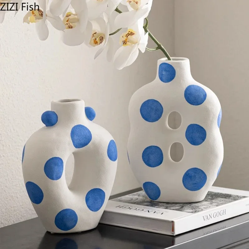 Blue Circular Dot Texture Ceramic Vase Flower Pots Desk Decoration Flower Arrangement Matte Floral Vases Room Aesthetic Decor