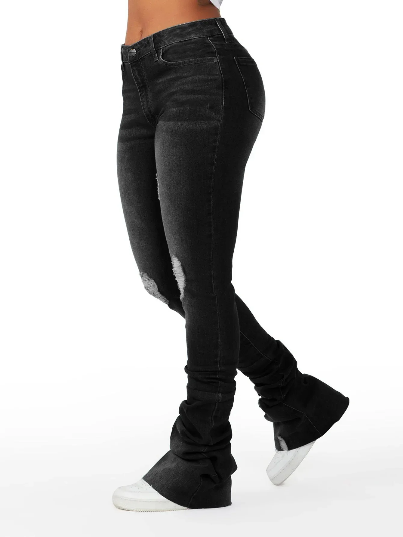 Gewassen Denim Rechte Broek Vrouwen Enkellengte Jean Gescheurd Gat Distressed Zakken Effen Casual Skinny Vintage Hoge Taille