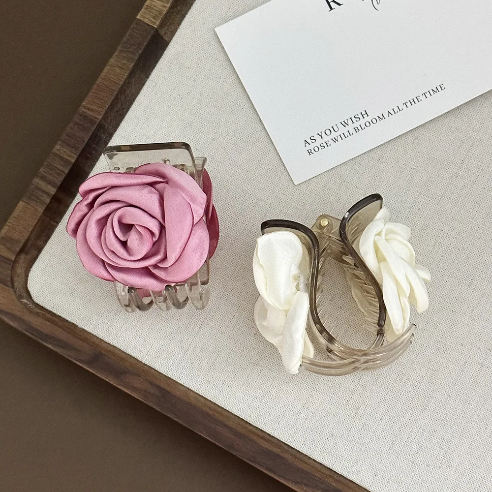 Romantic Satin Fabric Rose Flowers Hair Clip For Women Sweet Elegant Ponytail Holder Hair ClawHairpin Barrettes Hair Accessoreis