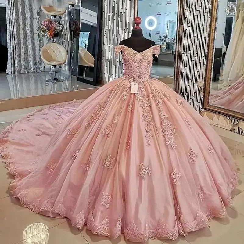 Lorencia-vestido De quinceañera rosa De lujo, vestido De baile con cuentas, Apliques De encaje Floral, vestido Formal dulce 16, Vestidos De XV Anos YQD367