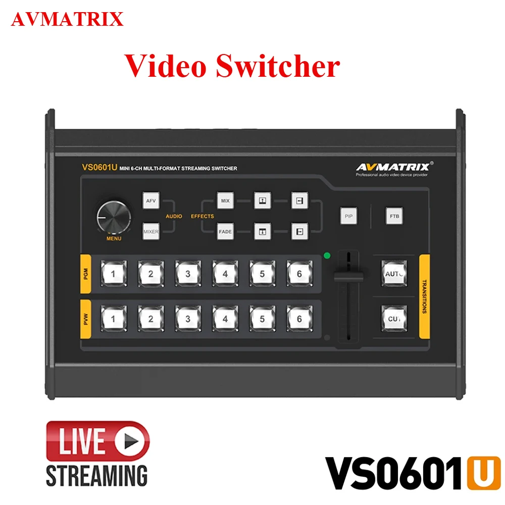 

AVMATRIX 6 Channel VS0601U Streaming Video Switcher Mini 4×SDI 2×HDMI Inputs Multi-Format with USB Type-C Output GPIO Interface