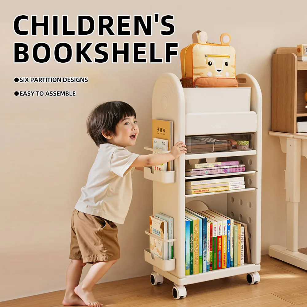 Children's bookshelf - movable floor-standing storage rack, multi-level backpack storage rack, small cart bookcase