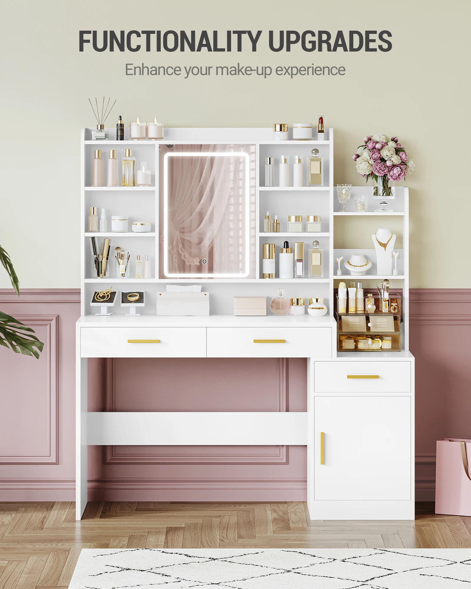 طاولة تزيين هزوانري مع مرآة، وإضاءة LED قابلة للتعديل، و3 أدراج وخزانة واحدة، وأرفف مفتوحة متعددة المستويات