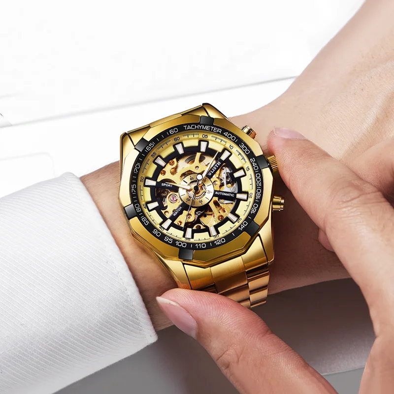 Full Gold Skeleton Mechanical Watches for Men Fashion Irregular Automatic Watch Luxury Brand Stainless Steel Strap 2024