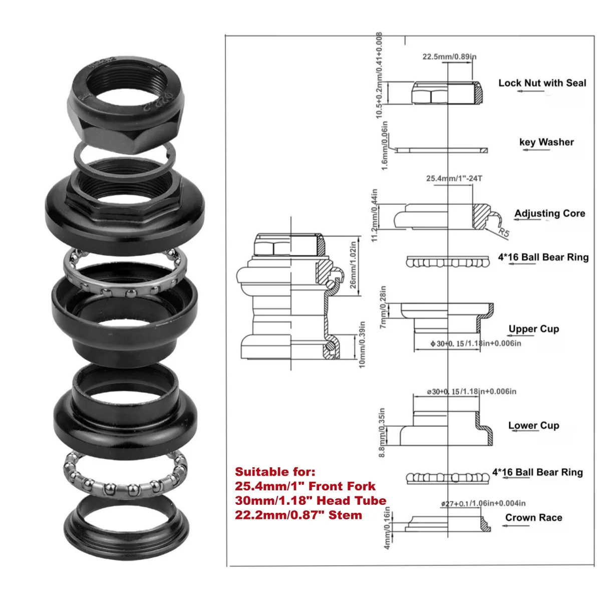 25,4 mm/1 Zoll und 28,6 mm/1-1/8 Zoll Gewinde-Käfiglager und Dichtungslager Fahrrad-Steuersatz für 30 mm/34 mm Steuerrohr, leichter Fahrrad-Steuersatz – Detail 3