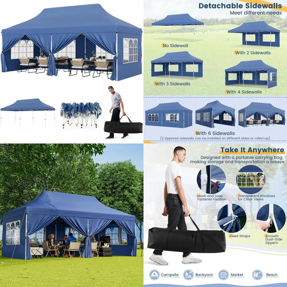 

Всплывающий навес Happy Grill 10x20 футов со съемными боковыми панелями, портативное укрытие с сумкой для переноски, защита от солнца UPF50+, простая установка