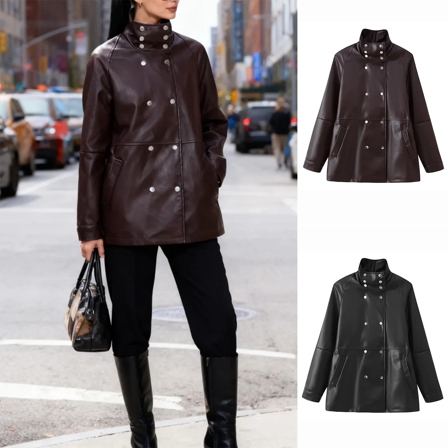 

Autumn Winter New Women's Double-Breasted Stand Collar Long Sve Dstring Waist Mid-Length PU Leather Jaet Coat