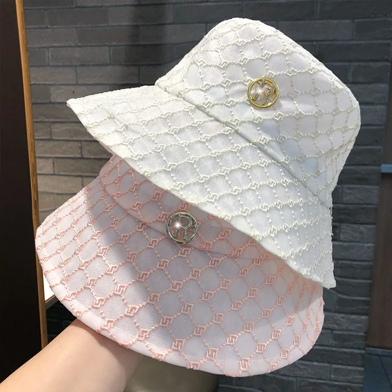 Summer Women\'s Fisherman Hat Casual Rhinestone R Mesh Breathable Sunshade Foldable Panama Travel Bucket Hats for Women Beach Cap