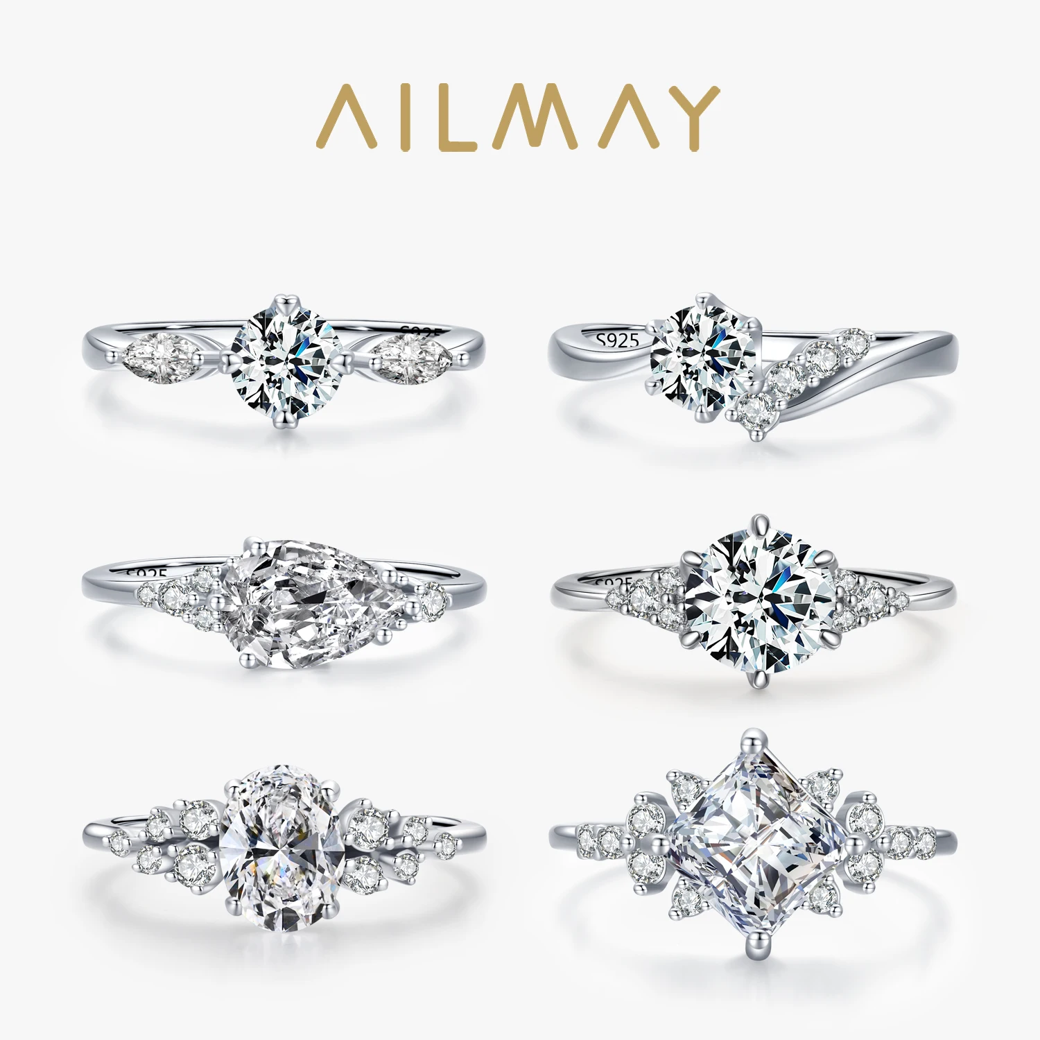 Ailmay Genuine 925 Sterling Silver Luxury AAAAA Level Sparkling Zircon Finger Ring For Women Classic Wedding Statement Jewelry