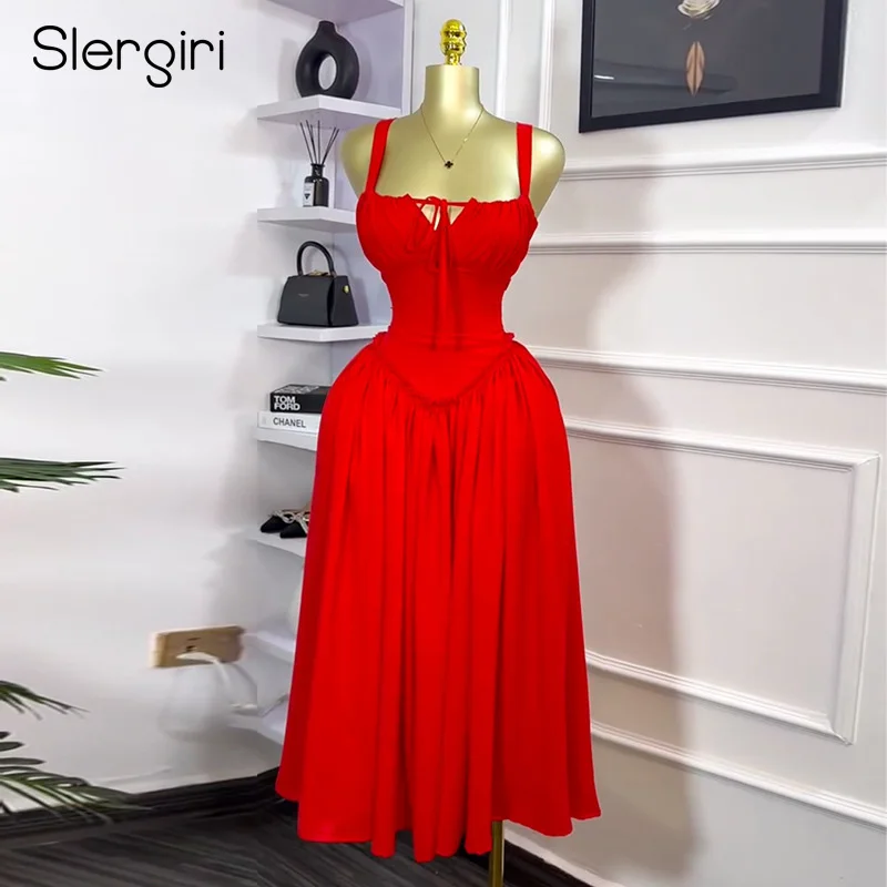 

Slergiri Women's Square Collar Lace-up Long Dress 2025 Summer Tie Back High-waisted Frill Trim Elegant Fit and Flare Dresses