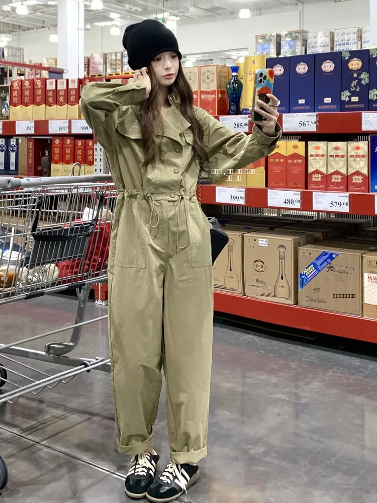 카키색 작업복 바지 여성용 루즈 캐주얼 디자인 봄 신상 한국 스타일 하이웨이스트 롱 팬츠 출퇴근 패션