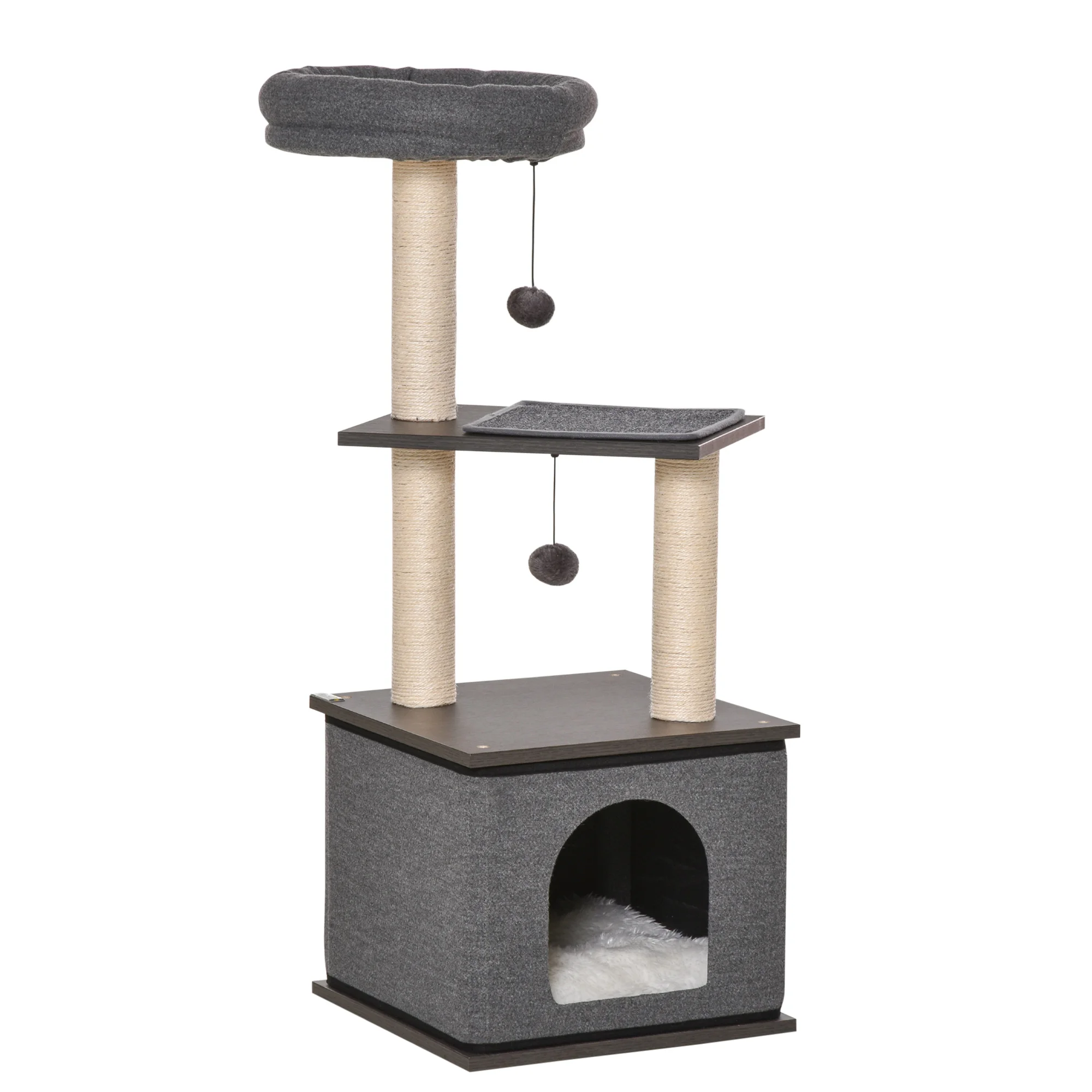 PawHut cat tree with detachable felt Cave Natural Sisal scraper posts top bed removable cushions and 2 toy balls 40x40x104 cm Gray