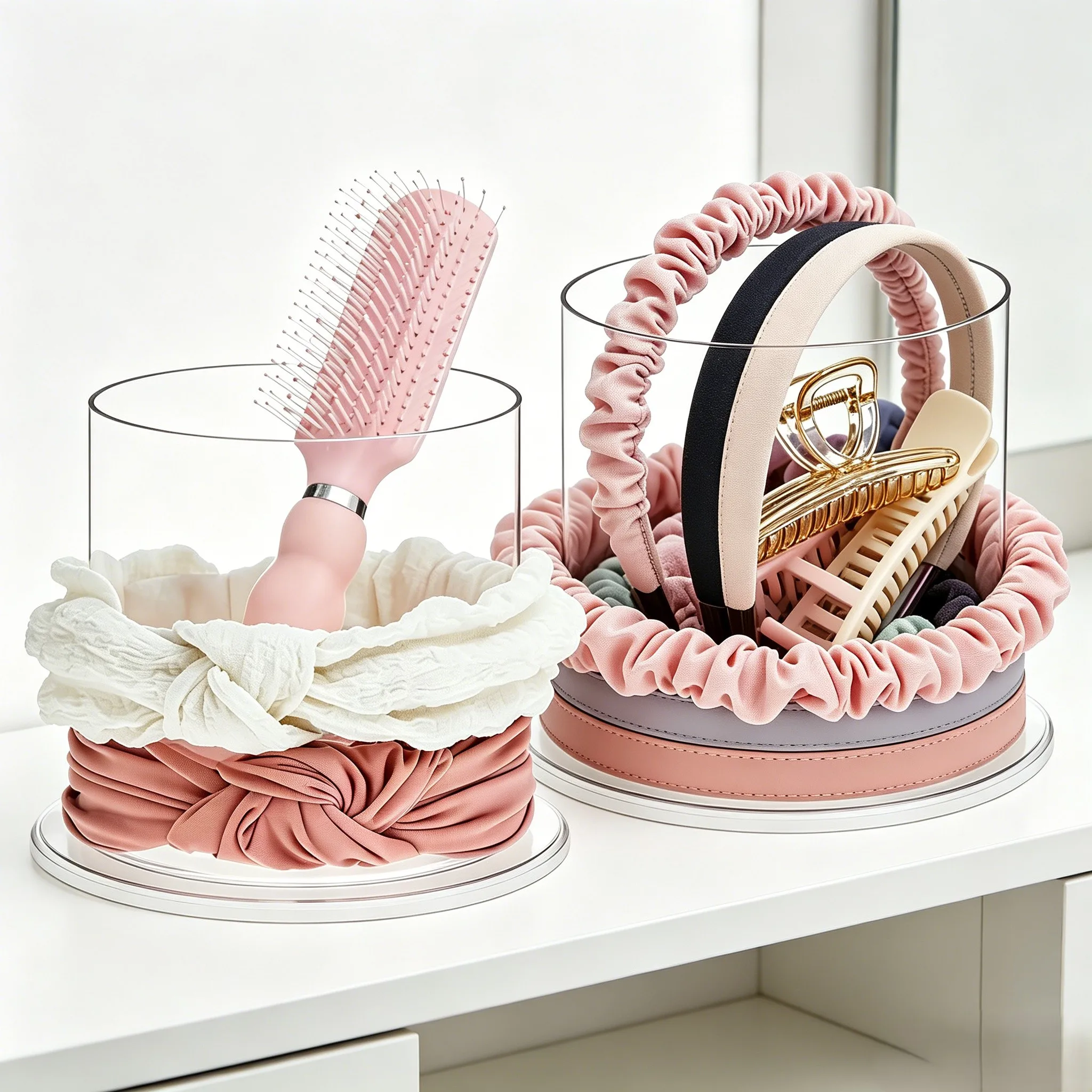 Hair Accessory Organizer 2 Pack 5in Height Clear Material Scratch Resistant Polished Edge for Brushes Combs Scrunchies