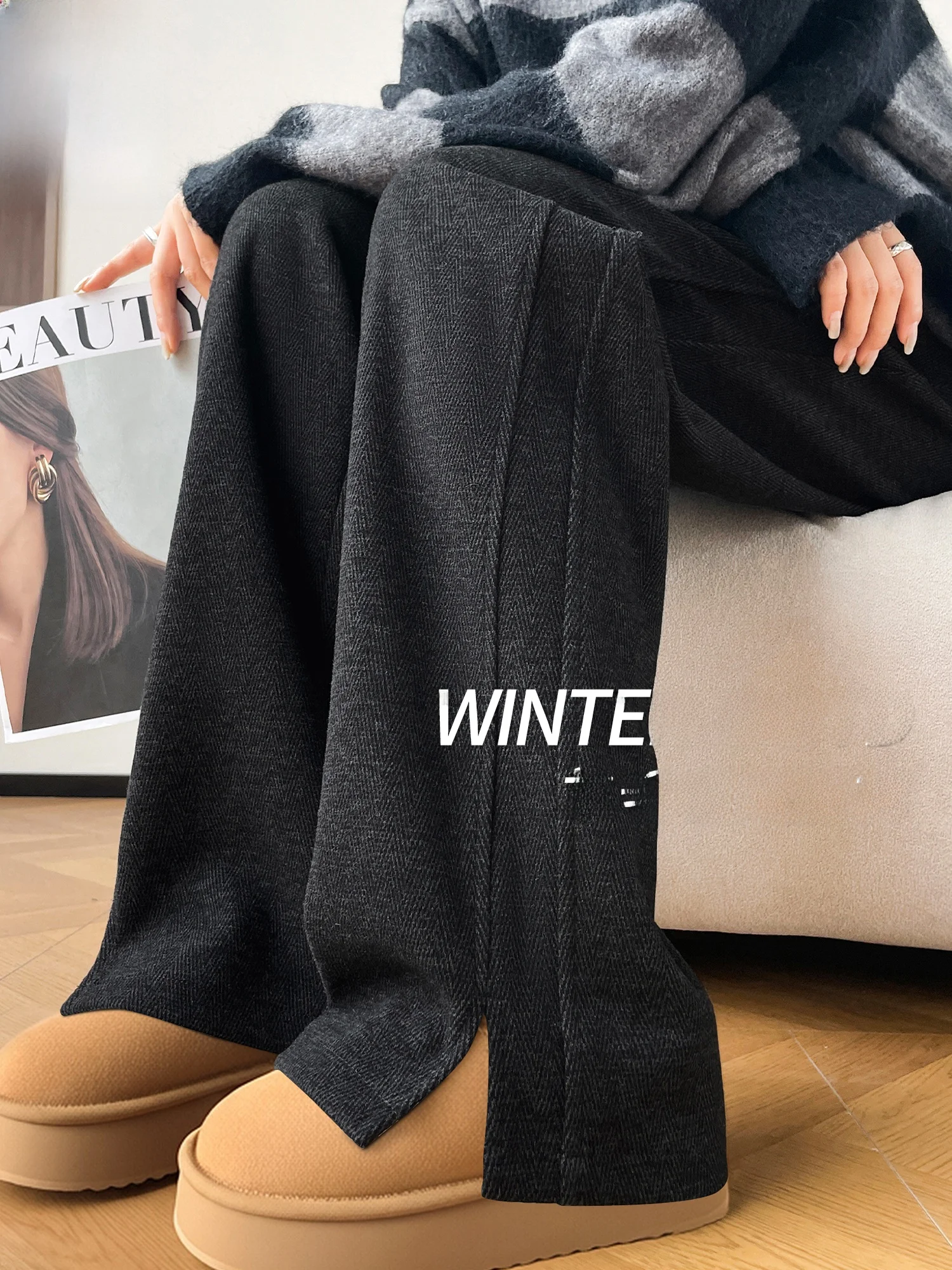 

Шерстяные брюки-палаццо женские осенне-зимние утепленные прямого кроя с флисовой подкладкой, на молнии, с высокой талией