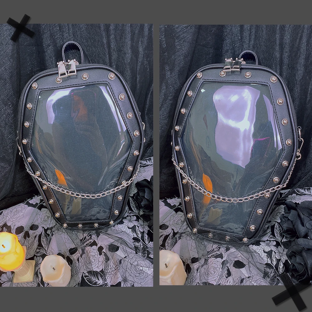 Gothic Punk Sargform Ita Tasche Damen Klare Rucksäcke Dark Lolita Handtasche und Umhängetasche Mädchen Cosplay Designer 2-Einsatz – Detail 14