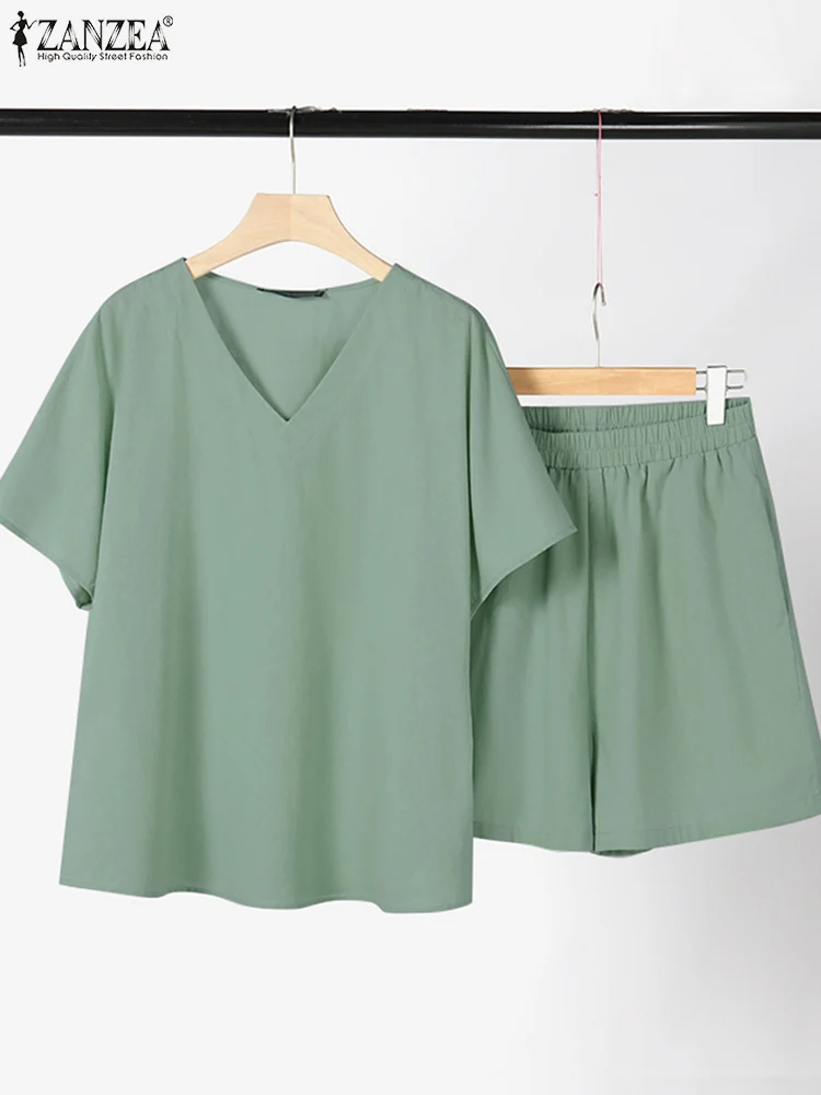 ZANZEA Solid Color Elastic Waist Shorts 2pcs Outfits Summer Women Casual Loose V Neck Short Sleeve Tops Short Sets Cotton Suits