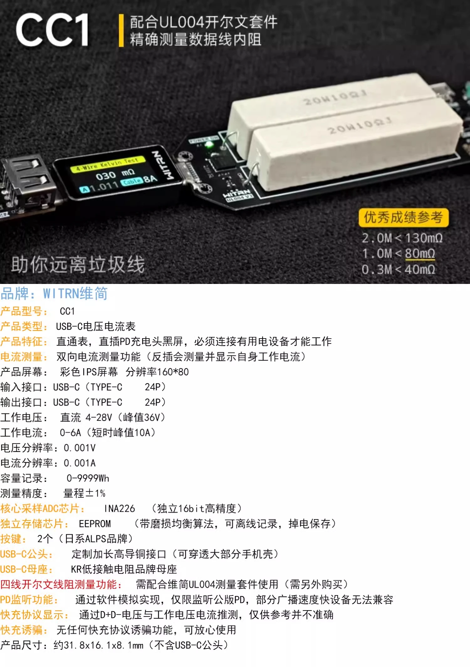 CC1 WITRN tester misuratore di tensione e corrente USB PD3.1 display digitale misuratore di potenza misuratore di tipo C da 28V WITRN misuratore di