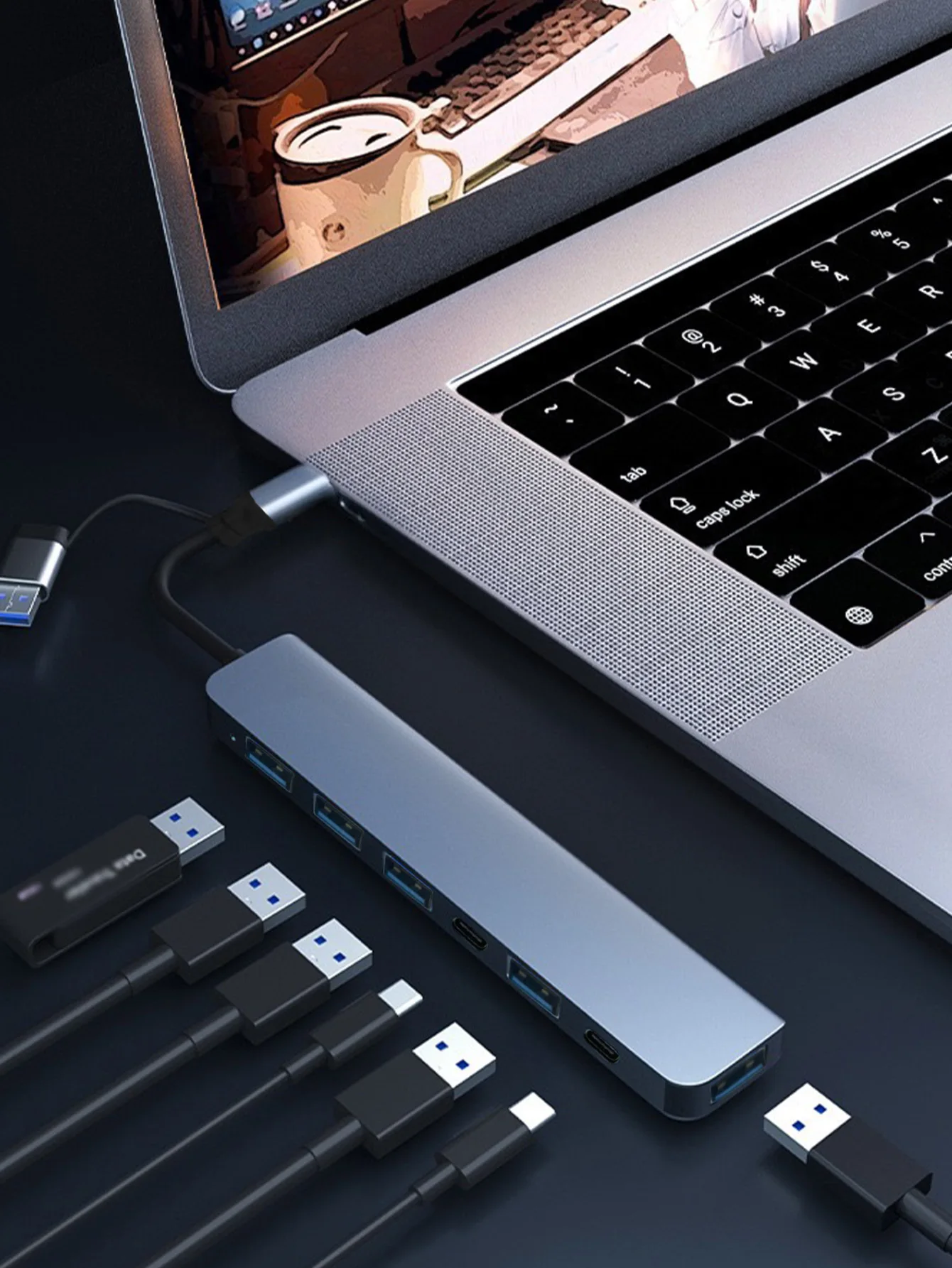 2-in-1-Splitter 7-in-1-Dockingstation, Typ-C-Hub 7-in-1-Dockingstation, USB-Erweiterungs-Hub und Splitter für Laptops und Tablets