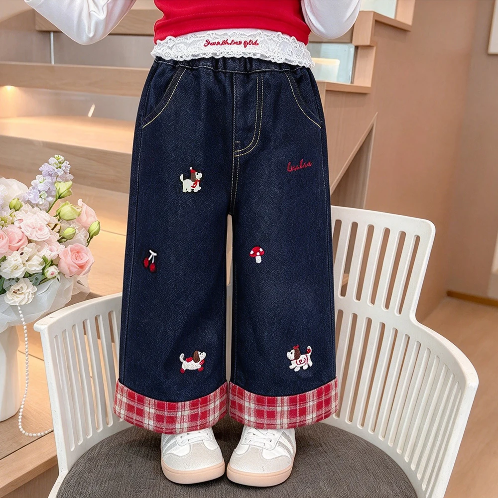 IENENS Girl Jeans Korean Straight Wide Leg Soft Blue Denim Pants Spring Autumn Kids Clothes Fashion Embroidery Dog Trousers 1-6Y