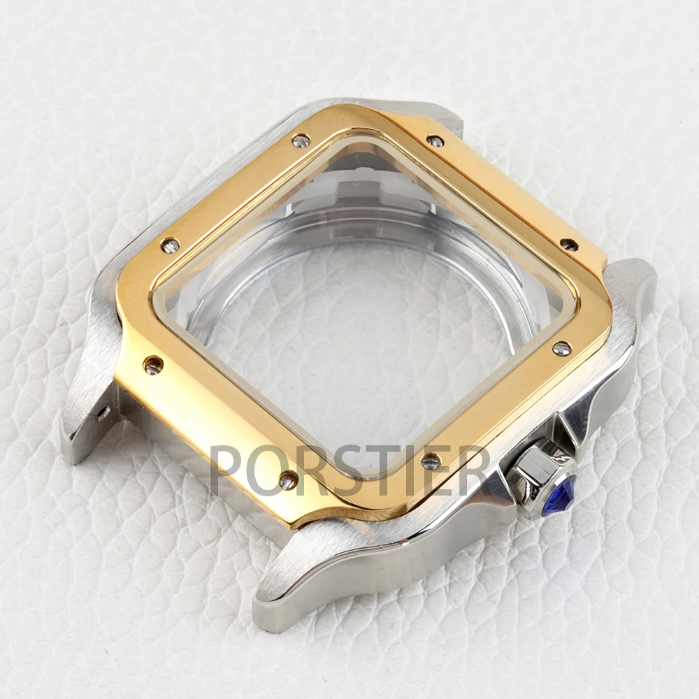 Gold/Silver NH35 Square Watch Case 38mm for Santos Mod 27mm Dial NH35 NH36 NH38 movement Stainless steel Bracelet Waterproof image 5
