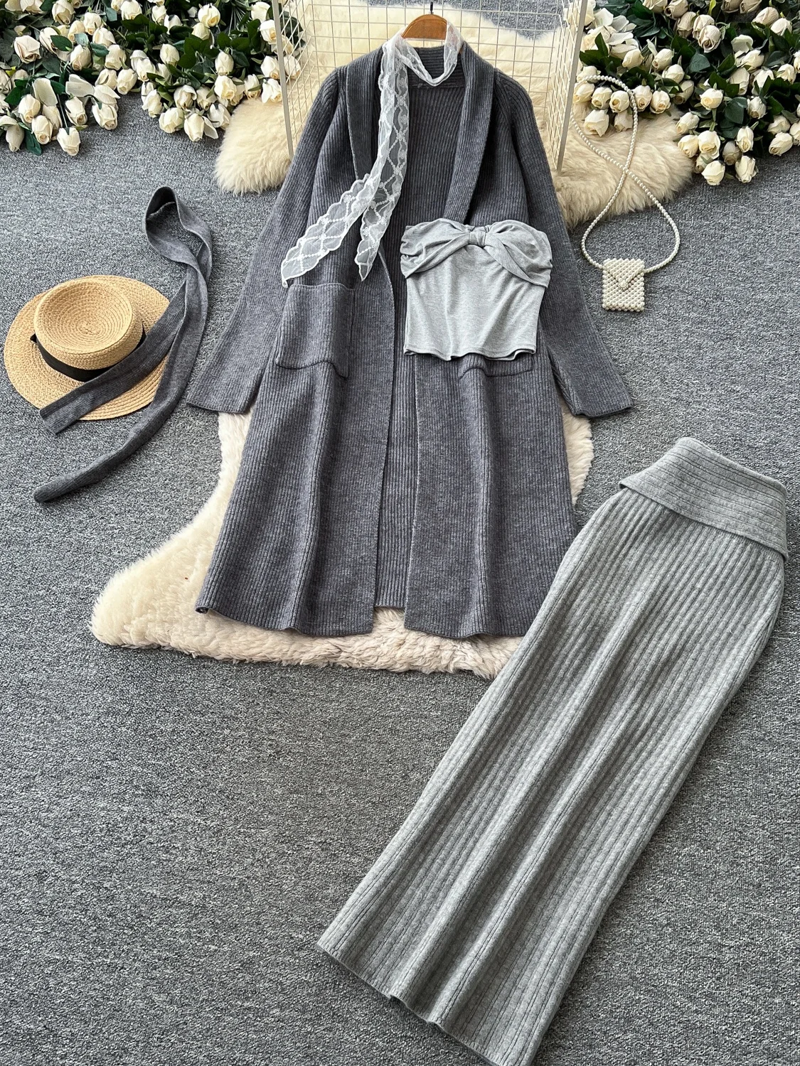 Ladies Knitted Open Cardigan Sweater High Waist Skirt Three Piece Set Autumn Commute Style Casual Fashion Ensemble