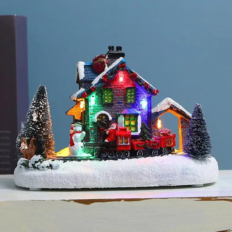 Christmas Village Resin LED Lighted Snow Houses Santa Claus Train Figurines Christmas Indoor Decorations Miniature Ornament Kits