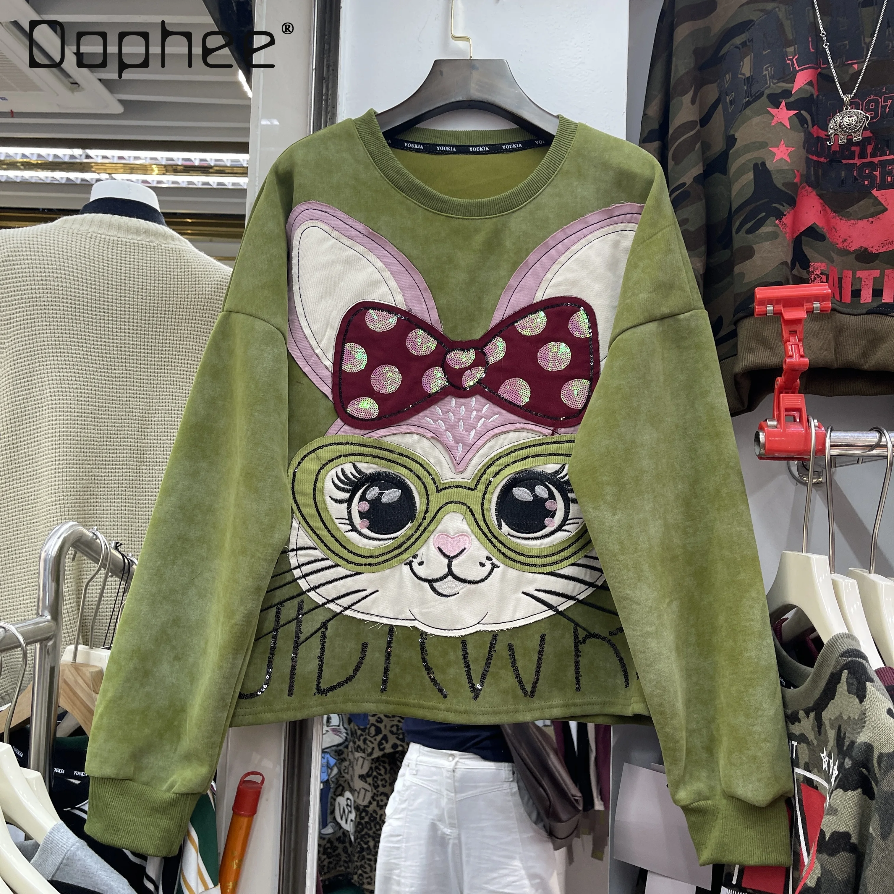 2025 New Autumn Trendy Brand Rabbit Cartoon Oversized Tops Round Neck Fashion Loose Sweatshirt Kawaii Clothes Streetwear Women